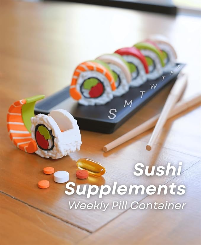 Sushi Supplements - Weekly Pill Container and Keychains, Sushi Pill Case, Contains 7 Sushi Roll Containers, Creative Portable Mini 7 Day Weekly Pill Storage Case Box (Multicolor)
