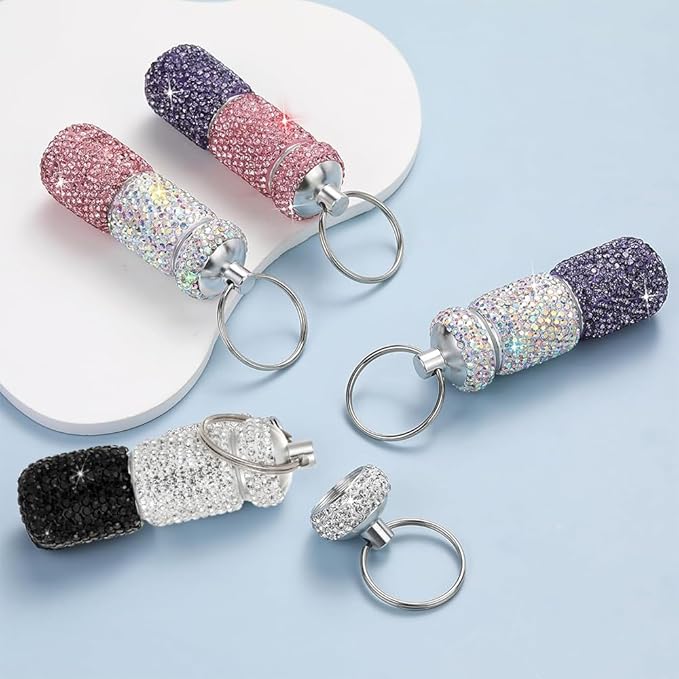 Bling Pill Case Portable Travel Pill Container Bottle Rhinestone Waterproof Small Pill Holder with Keychain Cute Mini Pill Storage Box (White Black)