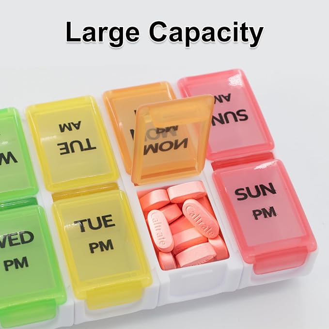 2 PCS Pill Organizer 2 Times a Day for Easy Tracking, Cute Weekly Pill Organizer for Vitamins, Fish Oil, Supplements, Medicines (Colorful/White and Black)