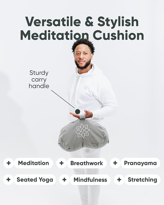 Mindful & Modern Large Meditation Cushion | Zafu Yoga Bolster Meditation Floor Pillow Seat | Buckwheat Hull Filled Crescent Shaped Cushion with Removable Washable Cover + Carry Handle | Grey