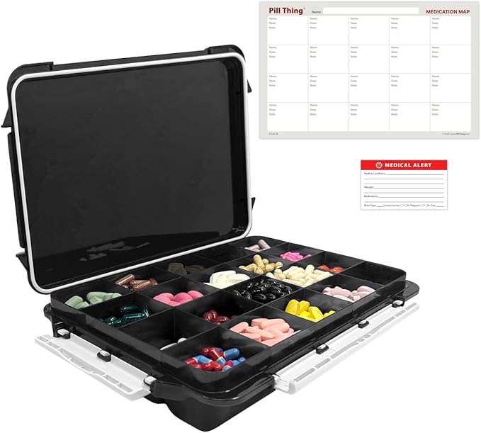 20 Compartment Large Pill Case with Airtight Seal - Silicone Gasket Waterproof Med Box with Medication Map, Medical Alert Card (Black, 1 Pack)