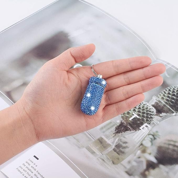 XhuangTech Waterproof Keychain Pill Box Bling Round Medicine Organizer Holder Container Aluminum Portable Mini Bottle Storage Case for Outdoor Travel Camping Purse Pocket (Light Blue)