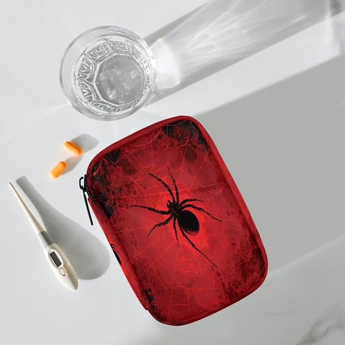 Red Spider Web Pill Case Everyday Travel, 7 Day Weekly Medicine Pill Box Compact Portable Pills Bottle Organizer with Zipper for Daily Vitamin Medicine Holder Bottle Organizers Bag