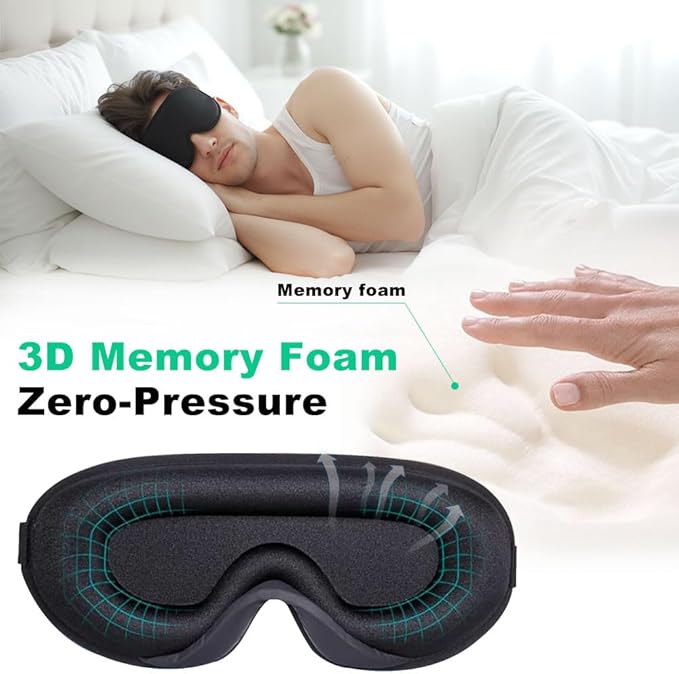 3D Sleep Mask for Side Sleepers, Blackout & Zero Pressure - Breathable Memory Foam, Adjustable Strap - for Travel, Yoga & Meditation Black