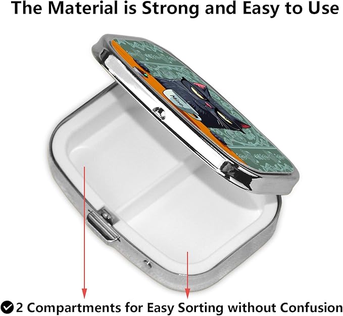 ABLESKY Pill Box, 2 Compartment Pill Organizer Case for Pocket or Purse, Small Portable Metal Travel Medicine Box with Mirror, Daily Vitamins Fish Oil Container-Retro Cat