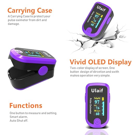 Pulse Oximeter, OLED Display Oxygen Monitor Fingertip, Blood Oxygen Saturation Monitor (SpO2) with Carrying Case, Batteries and Lanyard