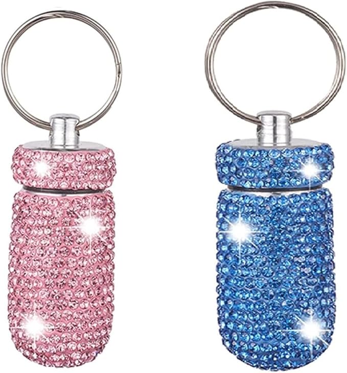 2 Pcs Pill Holder Keychain, Bling Aluminum Medicine Holder Pill Container Mini Size Waterproof and Light Weight Portable Pill Bottle Case (Pink+Light Blue)