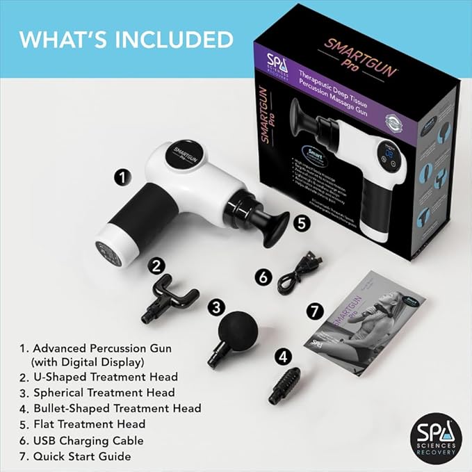 SPA SCIENCES - SmartGun Pro – Therapeutic Deep Tissue Percussion Massager – for Muscle Soreness – with Interchangeable Heads and 8 Intensity Levels – USB Rechargeable – White