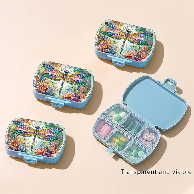 C'eitura DIY Flower Dragonfly Diamond Art Painting Blue Pill Organizer with 6 Lid Detachable Compartments, Fun DIY Craft Project for Adults, Elegant Pill Case for Purse & Travel