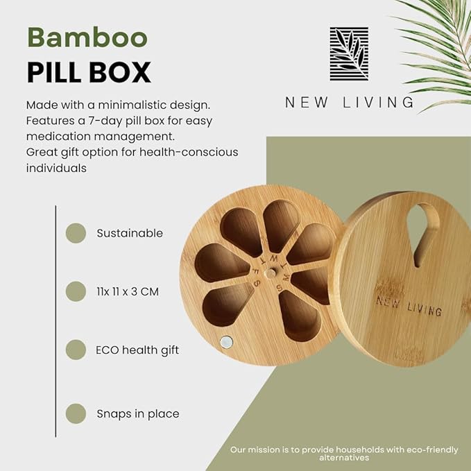 New Living Pill Organizer, Bamboo Box, 1 Compartment, Revolving Magnetic Top, Eco Product