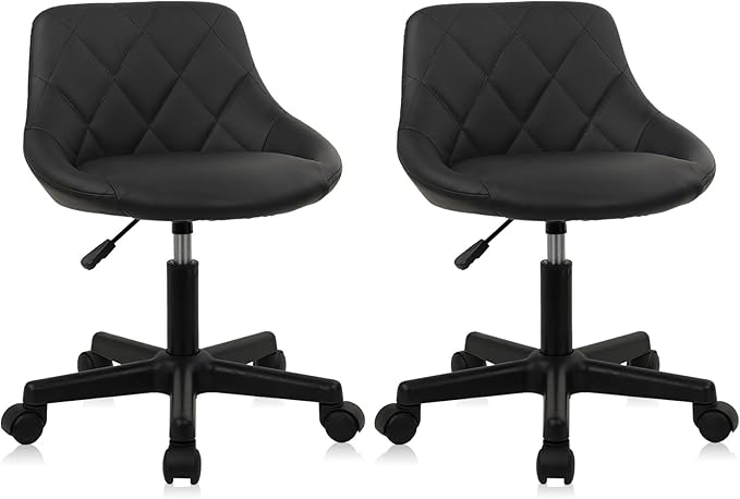 Low Back Small Rolling Stool with Backrest - 360° Swivel Chairs with Wheels, Adjustable Height Armless Vanity Chair, Thickened Seat Cushion Stool Chairs for Spa, Shop, Salon, Massage, Black, 2 Pack