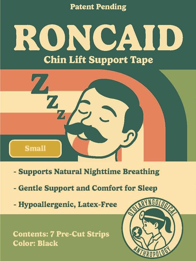 Roncaid Chin Lift Support Tape for Sleep - Black - 7 Pre-Cut Strips - Hypoallergenic, Latex-Free - Natural Nighttime Breathing Support (Small)