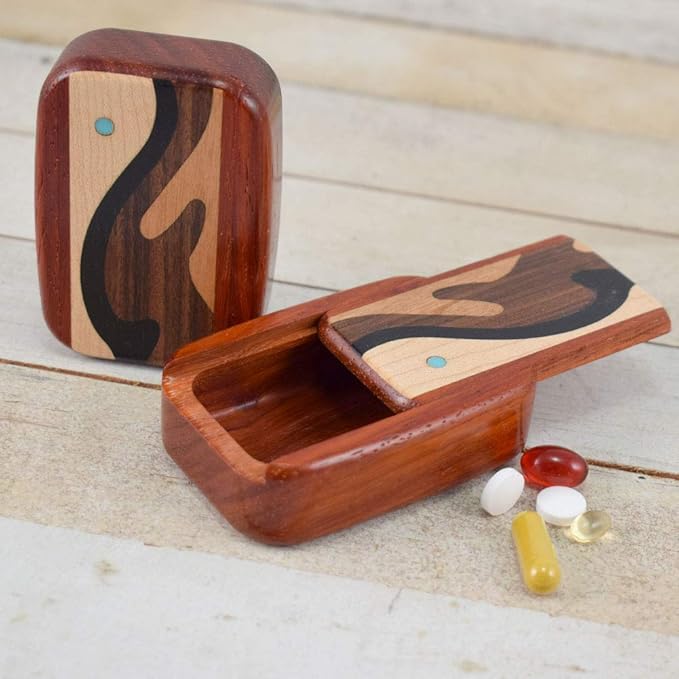 Modern Artisans American Made Pocket-Sized Pill Box (Standard Size) - Padauk Wood with Inlaid Wave Design