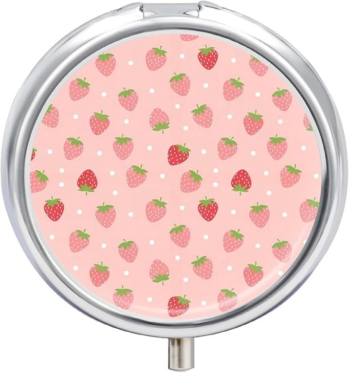 3 Compartment Pill Box, Round Medicine Pill Case, Cute Travel Pill Case, Decorative Portable Organizer for Pocket Compatible with Cute Pink Strawberry Polka Dot