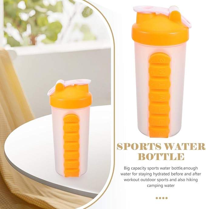 Clear Water Bottles 7 Day Pill Box Organizer with Water Bottle Weekly Dispensers Reminder Medicine Holder Portable Inserted Pill Case Bottle for Travel Gym Outdoor Orange