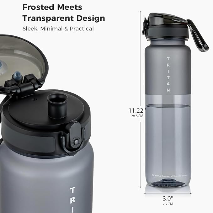 32oz Water Bottle with Chug Lid, Frosted & Clear Tritan BPA-Free, Leakproof, Wide Mouth, Portable Sports Water Bottle for Gym, Office, Travel, Outdoor (Gray)
