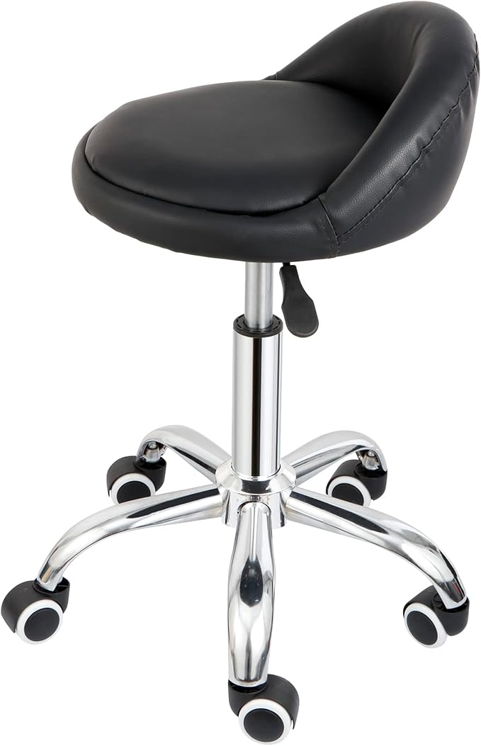 Hydraulic Rolling Stool with Back Support,300LB Capacity Black Adjustable Height Swivel Chair with PU Leather Seat and Lumbar Support,for Salon Spa Tattoo Massage Clinic Office