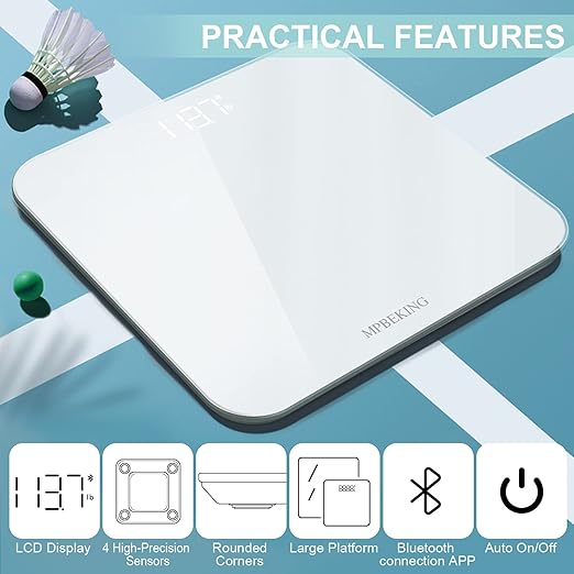 Scale for Body Weight, High Accuracy Bathroom Digital Scales, Bluetooth Weighing Scale, Unlimited Users, LCD Display, Round Corner Disign, Compact Size with Sturdy Tempered Glass 400lb- White