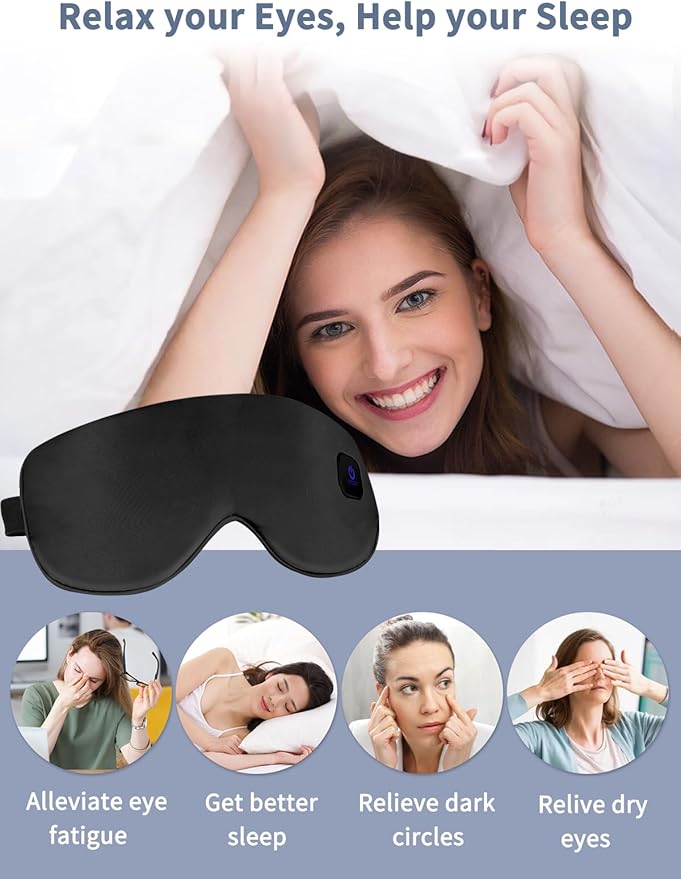 Upgraded 3 Temperature Modes Silk Heated Eye Mask Cordless,Rechargeable Warm Eye Heating Pad No Pressure for Dry Eyes, Sleep Eye Mask Christmas Gift for Men Women (Black)