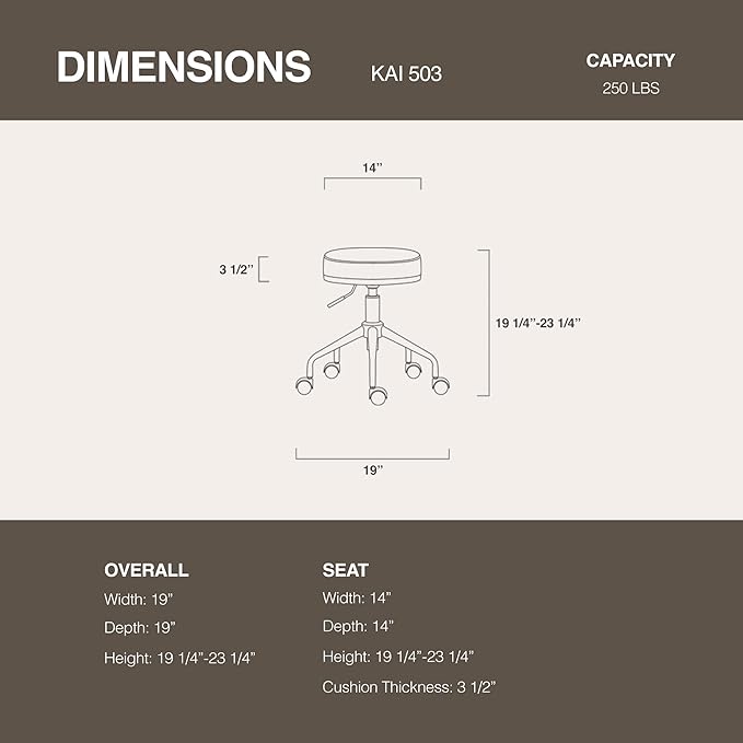 Adjustable Height Hydraulic Rolling Swivel Stool Chair with Metal Base and Faux Leather Cushion for Salon, Medical, Office and Home, 503 Kai Series - Round Seat, Vanilla