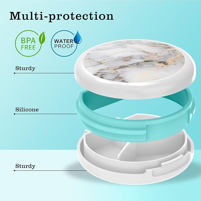 Serfeymi Small Pill Box - 3 Compartments Portable Pill Box for Purse Pocket, Compact Mini Travel Pill Case - Suitable for Medicine, Vitamin, Fish Oil, Supplements - White(Marble)