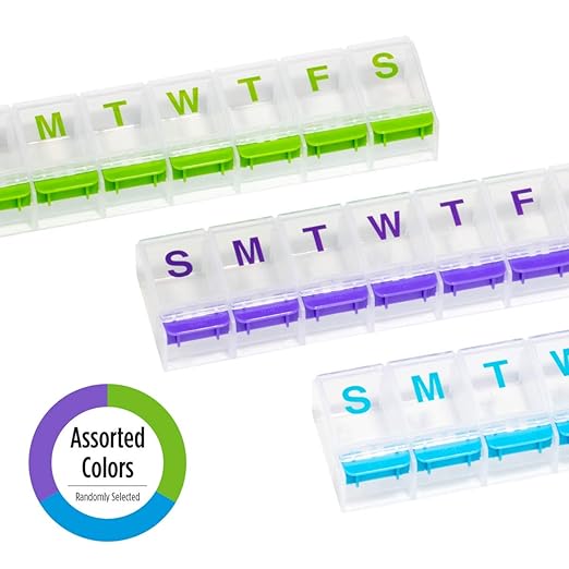 EZY DOSE Weekly (7-Day) Pill Case, Medicine Planner, Daily Vitamin Organizer Box, X-Large Push-Button Compartments, Convenient and Easy to Use, Arthritis Friendly, Clear Lids, Color May Vary, BPA Free