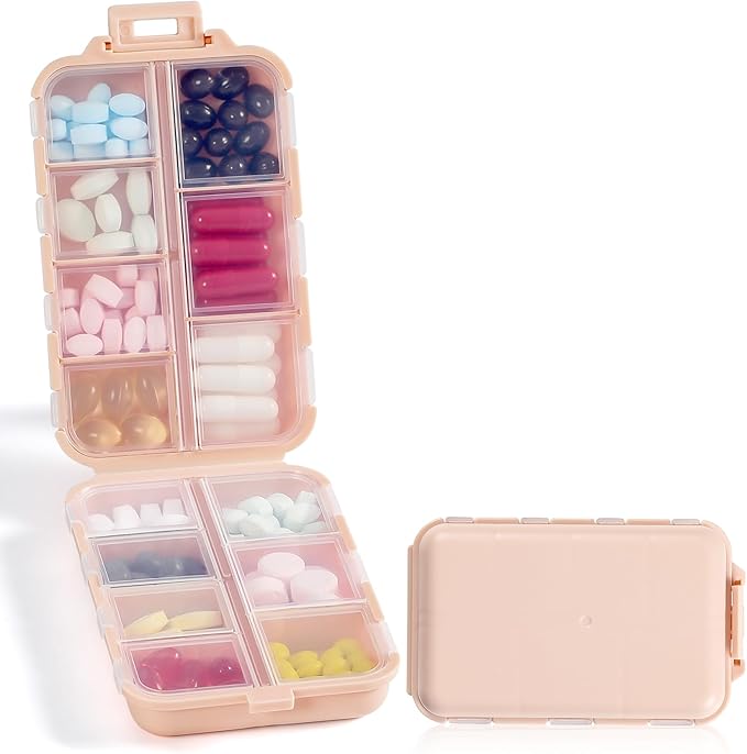 Travel Pill Organizer with Bulk Stickers & Labels - Small & Portable Week Daily Medicine Pharmacy for Pocket, Bag - 14-Compartment Foldable Supplement Box Holder for Fish Oil Vitamin - Pink