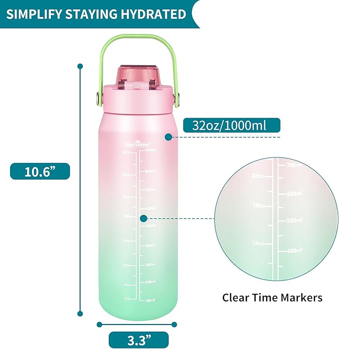 Motivational Water Bottle 32oz with Time Marker- Leakproof & BPA Free Sports Water Bottle with Straw & Carry Strap for Gym, Travel and Outdoor Sports (Pink/Blue Gradient)