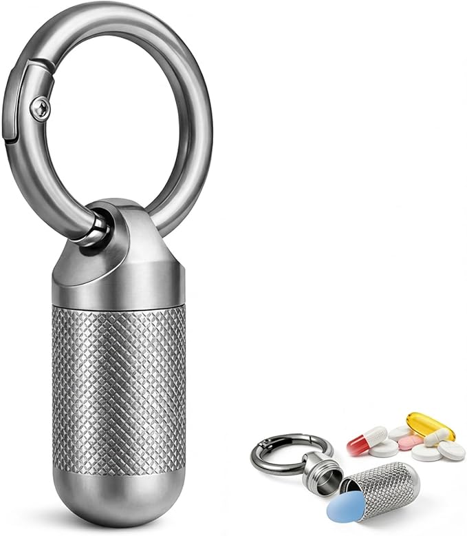 Small Pill Case, Titanium Keychain Pill Holder, Mini Pill Case for Travel, Small Metal Pill Organizer, Portable & Waterproof Mini Pill Holder with Keyring- Tiny