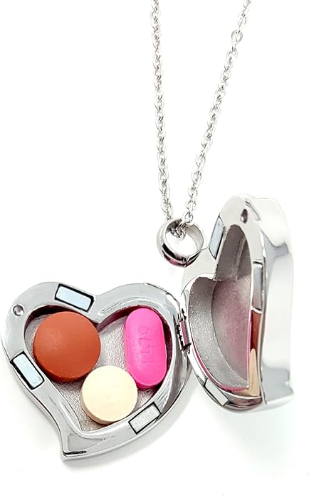 Amour Heart Pill Necklace - Polished Heart Locket with Strong Magnetic Closure - Medication Necklace - Keep Your Medication Securely with You at All Times - 26 Inch Chain
