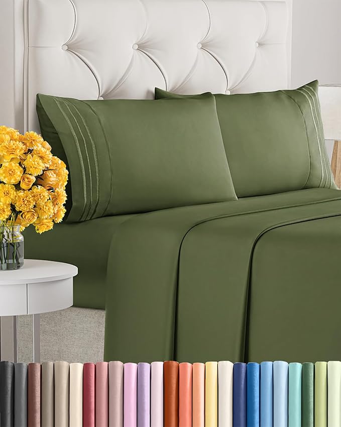 King Size 4 Piece Sheet Set - Extra Soft, Breathable & Cooling Sheets - Hotel Luxury Durable Bed Sheets for Women & Men - Deep Pockets, Easy-Fit & Wrinkle-Free Sheets - Deep Olive Oeko-Tex Bed Sheets