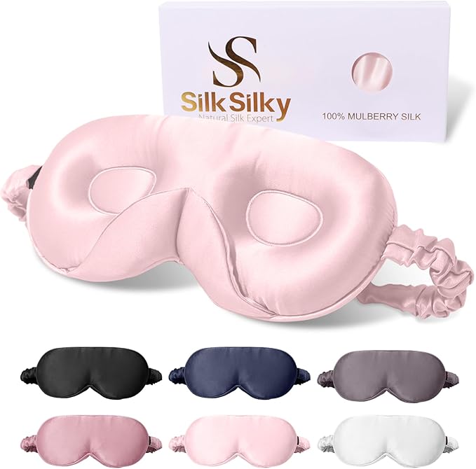 SilkSilky 100% 22 Momme Mulberry Silk Sleep Mask – Upgraded 3D Contoured Eye Mask with Nose Wing Pads & Adjustable Strap, Luxury Blackout Eye Cover for Women & Men (Pink)