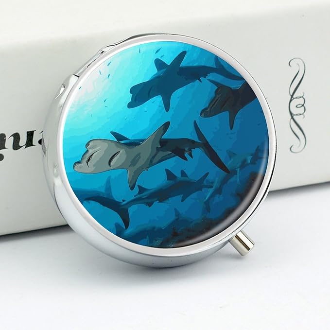 Hammerhead Sharks Pill Box Cute Round Pill Box 3 Compartment Decorative Pocket Purse Portable Mini Travel Medicine Tablet Vitamin Fish Oil Holder Organizer Pill Case