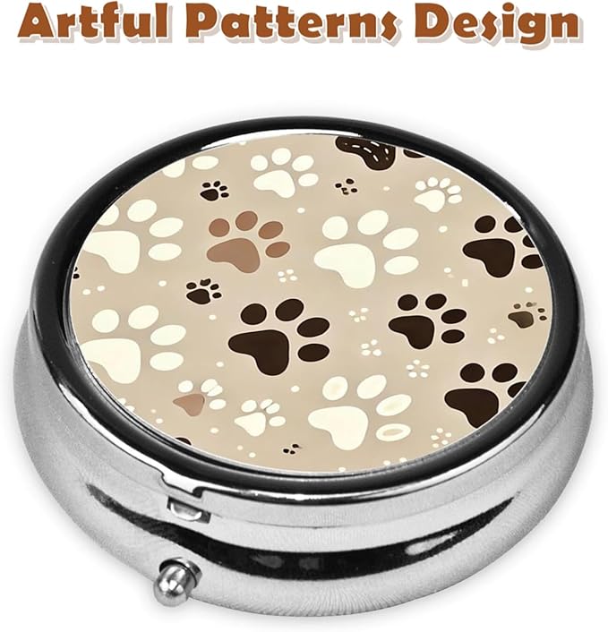 Metal Pill Organizer - 3-Compartment Mini Round Pill Case for Pocket & Purse, Portable Vitamin Holder, Easy-Open Design for Travel - Dog Paw