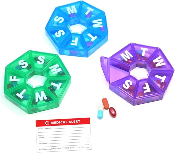 Pillthing Weekly 7 Sided Pill Organzier 3 pack 1 each of Blue Green Purple. Small Pill Box for Travel with Medical Alert Card