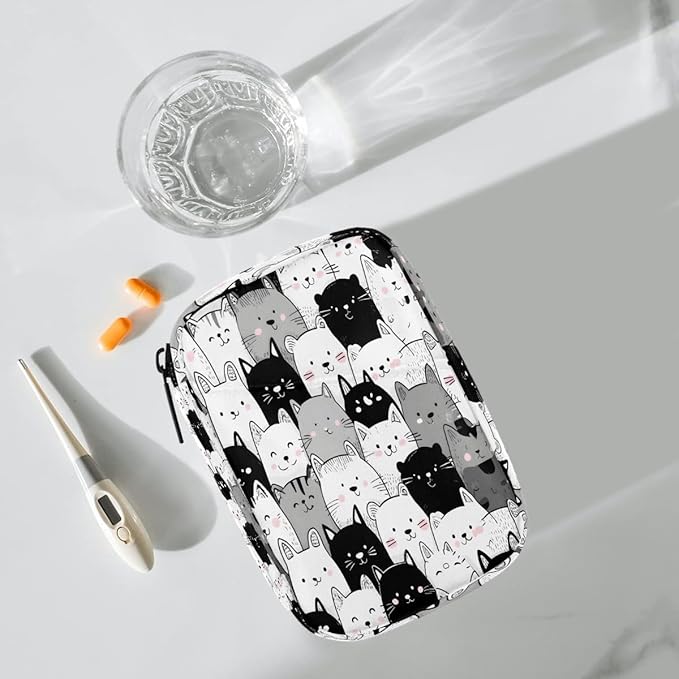 Black White Cat Pill Case Travel Pill Organizer Weekly 7 Day Portable with Zipper Medicine Box Pill Case for Vitamins, Birth Control,Fish Oils,Medication, Supplements