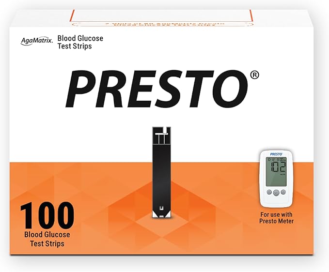 AgaMatrix Presto Test Strips, 100 Count (Pack of 1) | Use with AgaMatrix Presto Blood Glucose Monitor Only | Not for use with Other Meters | 1 Box, 100 Diabetes Test Strips
