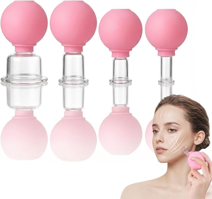 Professional Glass Facial Cupping Set & Therapy Kit – 4 PCS Silicone Vacuum Suction Cups for Face and Body, Anti-Wrinkle, Lifting, Muscle Pain Relief, Complete Cupping Massage Set for Home Use
