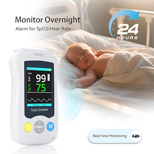 Overnight Pulse Oximeter for Baby, Medical Grade Accuarcy SpO2 & Pulse Rate Continuous Pulse Oximeter Pediatric Blood Oxygen Saturation Monitor Handheld Infant with Adjustable Alarms and 500 Data Storage for Toddler