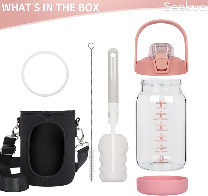 32 oz Glass Water Bottle with Straw and Time Marker, Large Motivational Borosilicate Glass Drinking Bottle with Silicone Boot and Sleeve