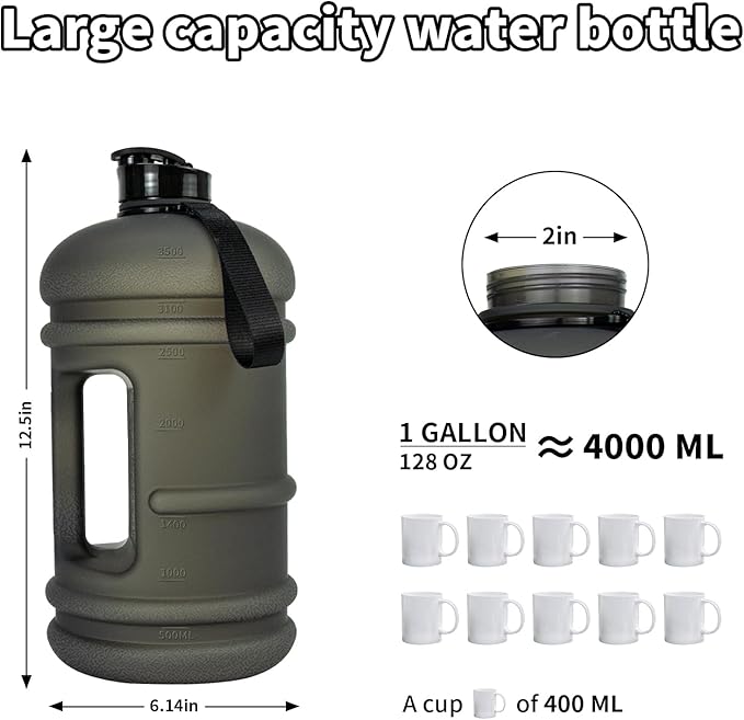 TOOFEEL 1 Gallon Water Bottle - 128 oz With Flip Lid, Measurements Marked, Leak Proof BPA Free Jug for Gym, Sports - Matte Black