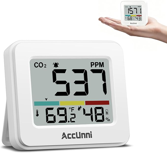 CO2 Monitor Air Quality Monitor Indoor Battery Powered, Carbon Dioxide Detector, Portable Temperature Humidity Meter, CO2 Alarm for Home, Hotel, Cars, Office or School