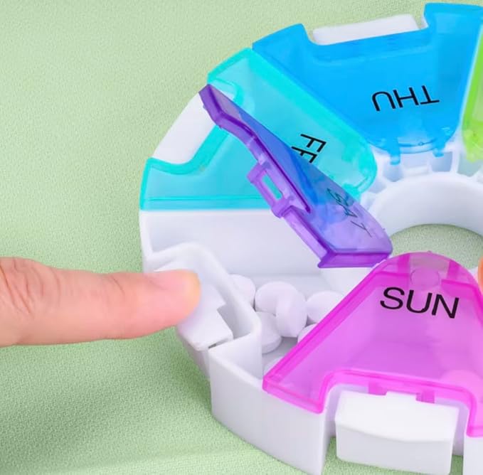 Weekly Pill Organizer 7 Day Round Pill Box Arthritis Friendly Spring Open, Leak-Proof Compartments for Vitamins, Medications & Supplements BPA-Free Travel Pill Case, Color-Coded Daily, Spill-Proof