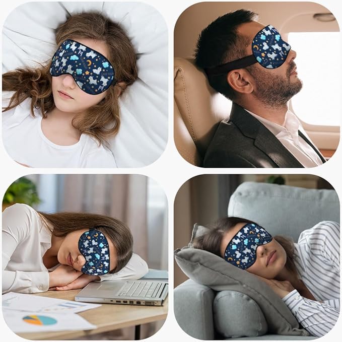 Cute Sheep Sleep Eye Mask Good Night Moon Clouds Stars Silk Eye Mask Sleeping Soft Eye Shade Cover for Men Women Boy Girl Airplane Travel with Elastic Strap