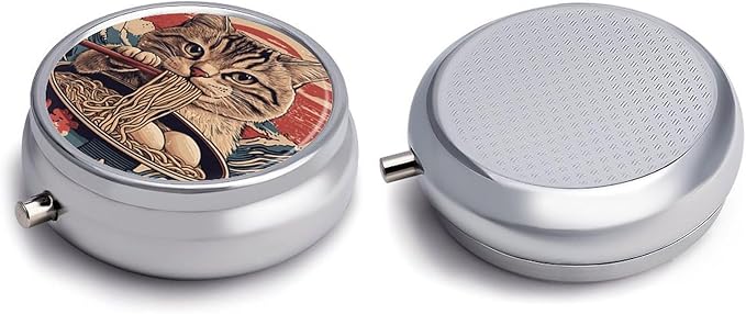 Transparent 3-Compartment Medicine Pill Case, Portable Round Pill Box for Pocket or Purse, Decorative Metal Medicine Vitamin Organizer. (A cat Eating Noodles)