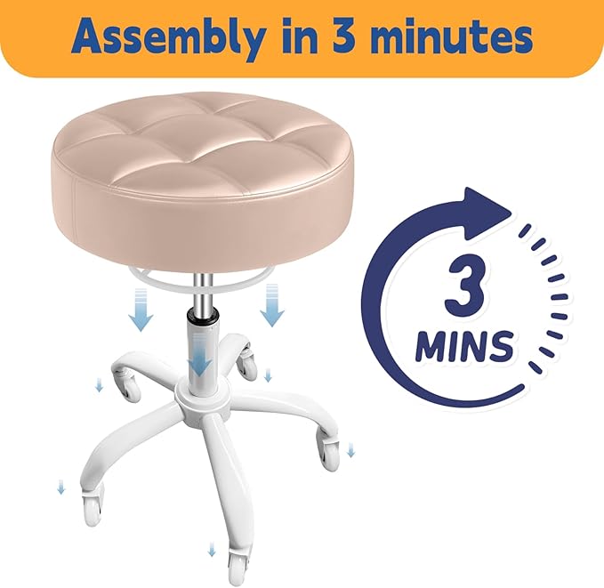 Rolling Stool Heavy Duty 400lb: Super Soft Seat Cushion,360° Swive,Height Adjustability,No Squeaky Noises,No Tip Over,New Upgraded stool Salon Stool Chair, Tattoo Facial Massage Spa Medical(Beige)