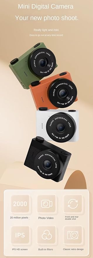 Mini Digital Camera with LCD Screen 2MP 1.4" IPS Full HD 64 GB Memory Card Monoreflexes Shaped CMOS Small Compact Portable Video Recorder Dual Selfie Built-in Filters (Orange)