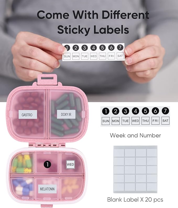Holii 2PS 8 Compartments Travel Pill Organizer, Pocket Pharmacy for Purse Daily Pill Box Portable Medicine Organizer Vitamin Holder Container (Light Pink)