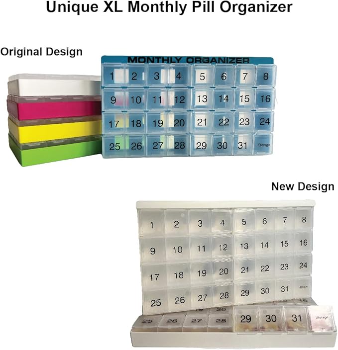 Unique XL Monthly Pill Organizer with 31 compartments, 1 per Day, 4 Week Full Month 31 Day Pill Organizer, Includes Tray and 8 Extra Large Removable compartments