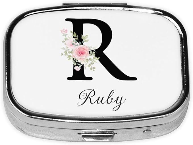 Custom Pill Box Personalized Square Small Pill Case with Mirror Add Your Photo Text Logo Name Decorative 2 Compartment Portable Metal Medicine Container Vitamin Organizer for Pocket Purse Travel (R)